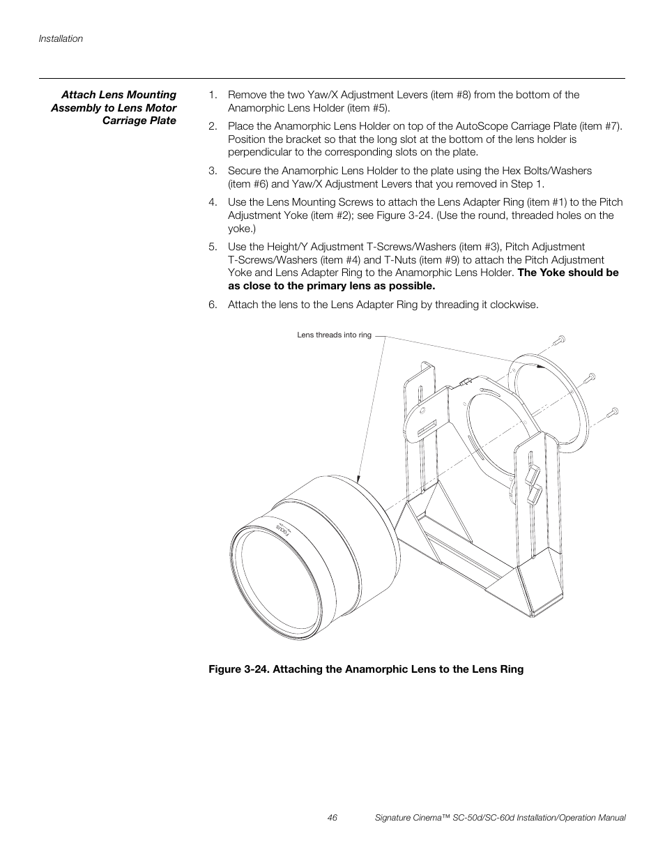 24. attaching the anamorphic lens to the lens ring, Pre l iminar y | Runco SIGNATURE CINEMA SC-50D User Manual | Page 62 / 124