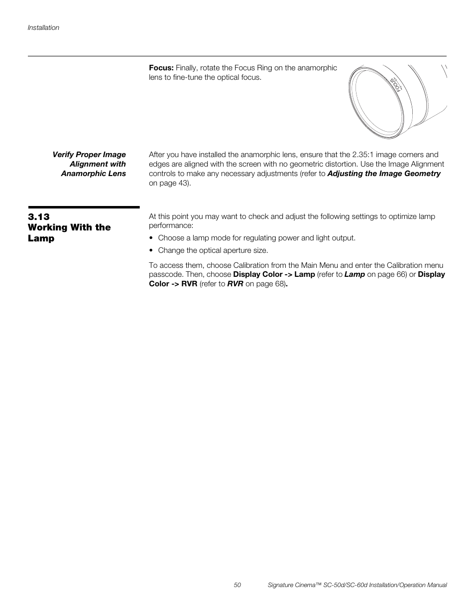 Focus, Verify proper image alignment with anamorphic lens, 13 working with the lamp | Working with the lamp, Pre l iminar y | Runco SIGNATURE CINEMA SC-50D User Manual | Page 66 / 124