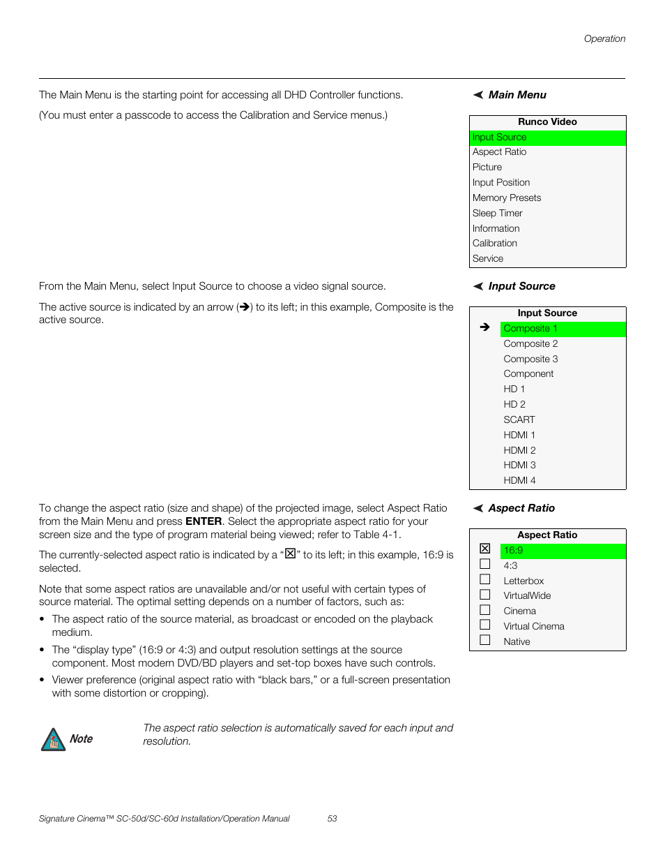 Main menu, Input source, Aspect ratio | 53 th, Pre l iminar y | Runco SIGNATURE CINEMA SC-50D User Manual | Page 69 / 124