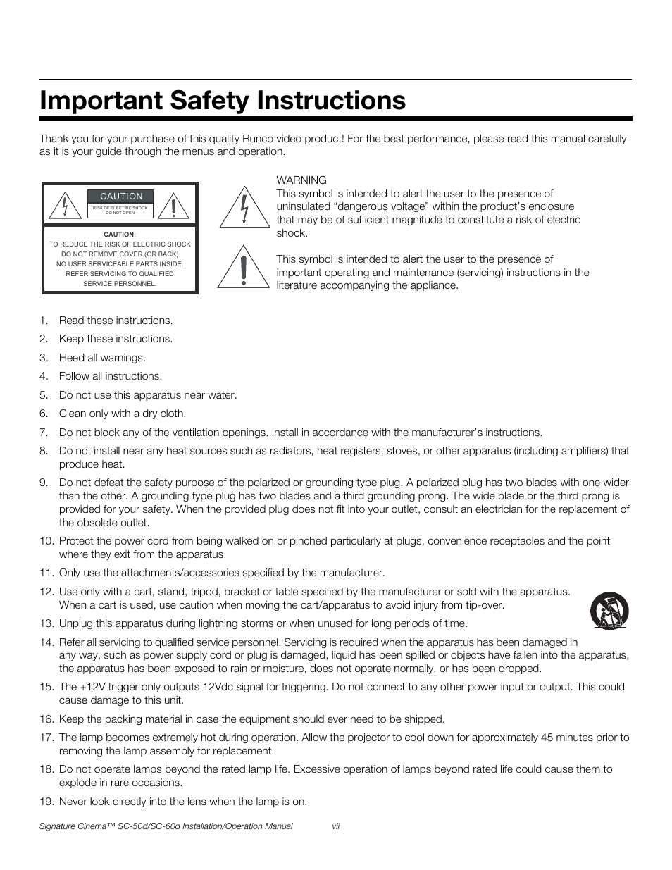 Important safety instructions, Pre l iminar y | Runco SIGNATURE CINEMA SC-50D User Manual | Page 7 / 124