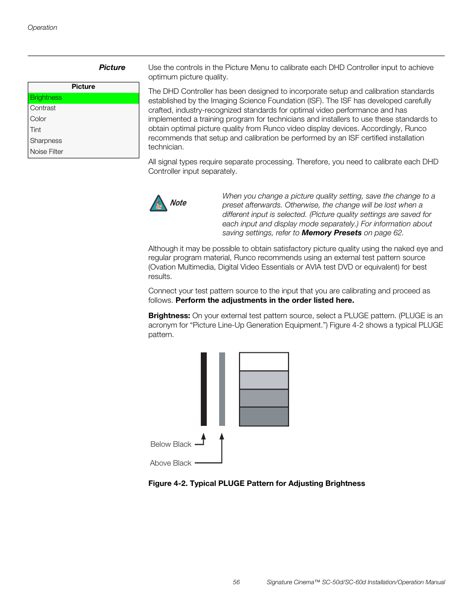 Picture, Brightness, 2. typical pluge pattern for adjusting brightness | Pre l iminar y | Runco SIGNATURE CINEMA SC-50D User Manual | Page 72 / 124
