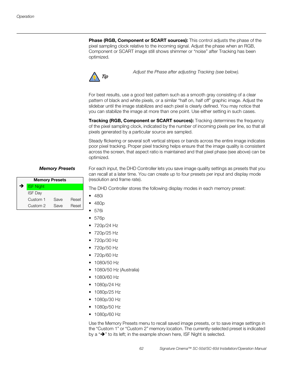 Phase (rgb, component or scart sources), Tracking (rgb, component or scart sources), Memory presets | Pre l iminar y | Runco SIGNATURE CINEMA SC-50D User Manual | Page 78 / 124