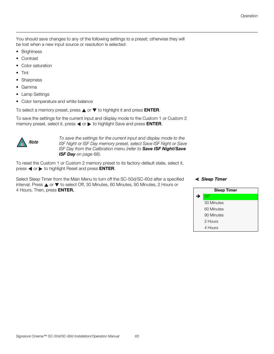 Sleep timer, Pre l iminar y | Runco SIGNATURE CINEMA SC-50D User Manual | Page 79 / 124