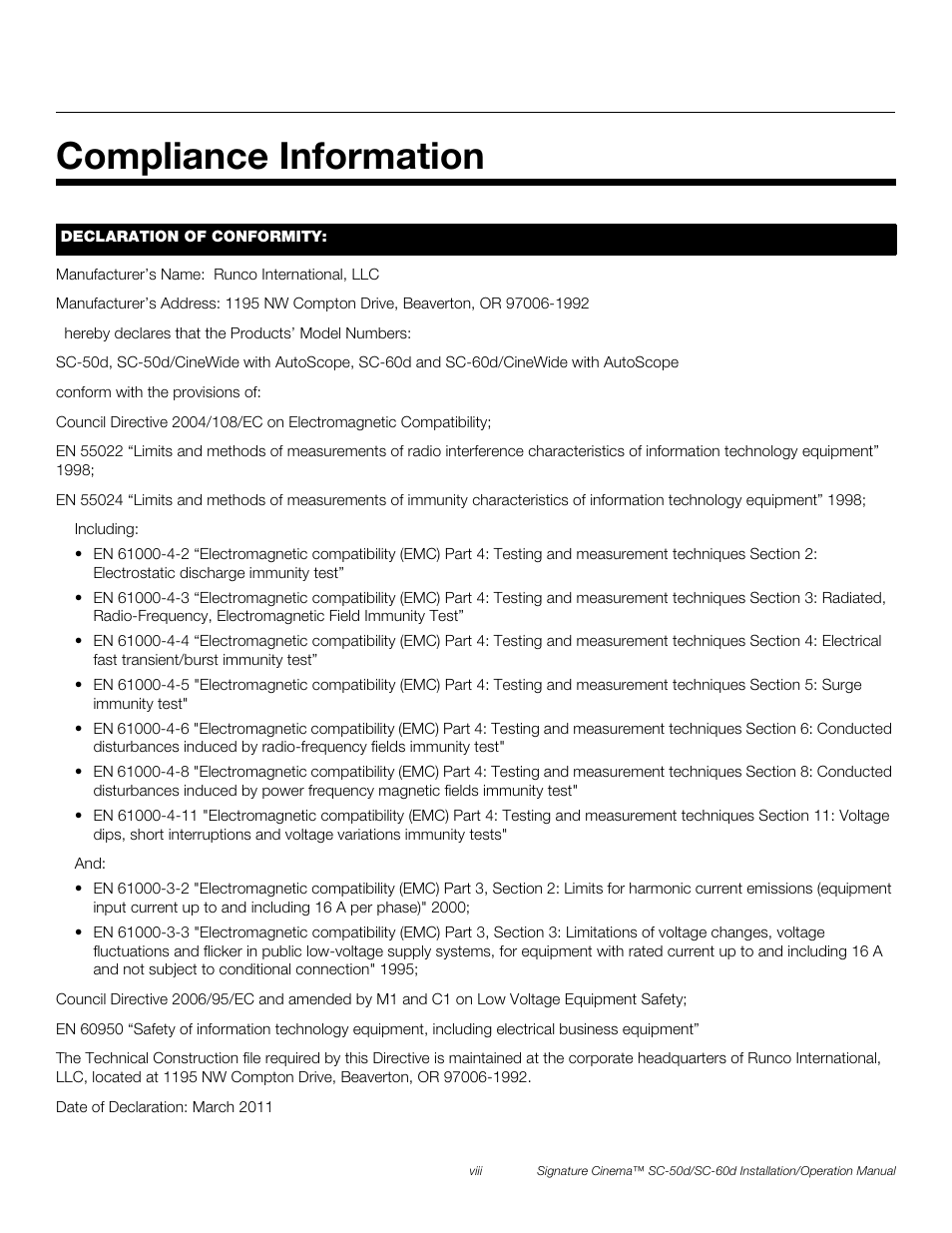 Compliance information, Pre l iminar y | Runco SIGNATURE CINEMA SC-50D User Manual | Page 8 / 124