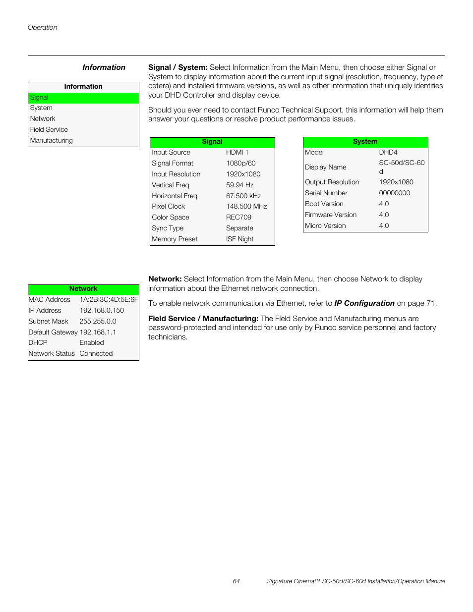 Information, Signal / system, Network | Field service / manufacturing, Pre l iminar y | Runco SIGNATURE CINEMA SC-50D User Manual | Page 80 / 124