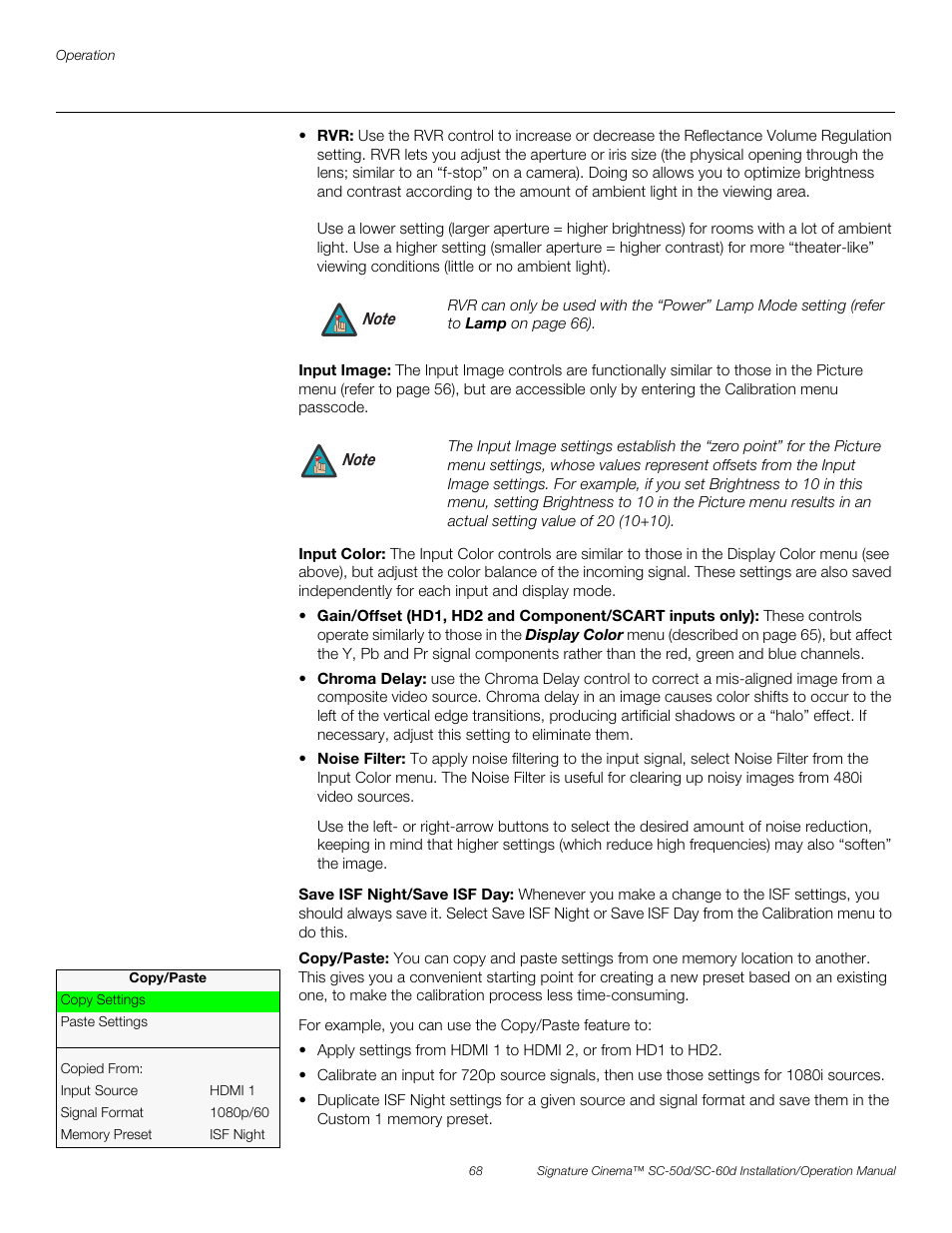 Input image, Input color, Save isf night/save isf day | Copy/paste, H 68, Pre l iminar y | Runco SIGNATURE CINEMA SC-50D User Manual | Page 84 / 124