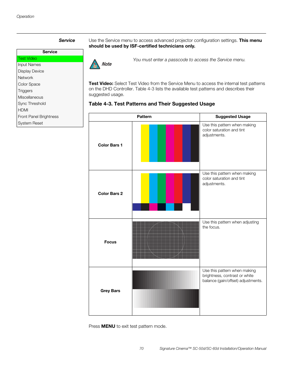 Service, Test video, Iminar | Ct service fro, Service m, E service me, Pre l iminar y | Runco SIGNATURE CINEMA SC-50D User Manual | Page 86 / 124