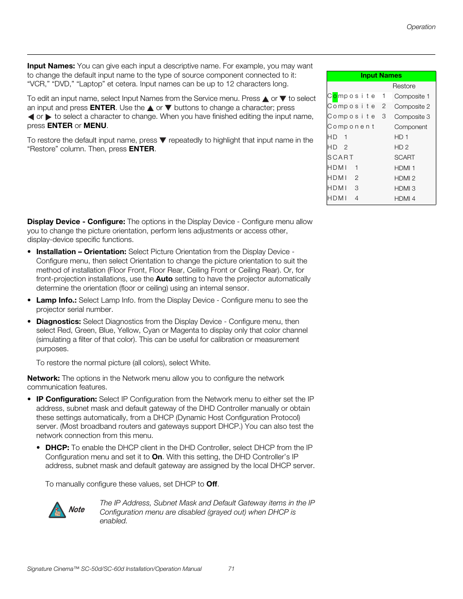 Input names, Display device - configure, Network | Ct diagnostics, E diagnostics, Diagnostics, Pre l iminar y | Runco SIGNATURE CINEMA SC-50D User Manual | Page 87 / 124