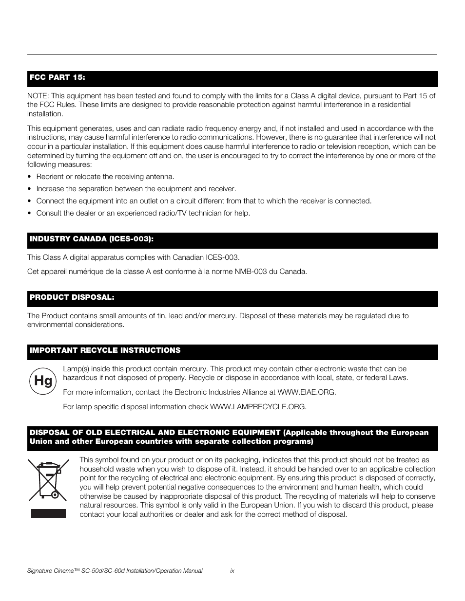 Pre l iminar y | Runco SIGNATURE CINEMA SC-50D User Manual | Page 9 / 124