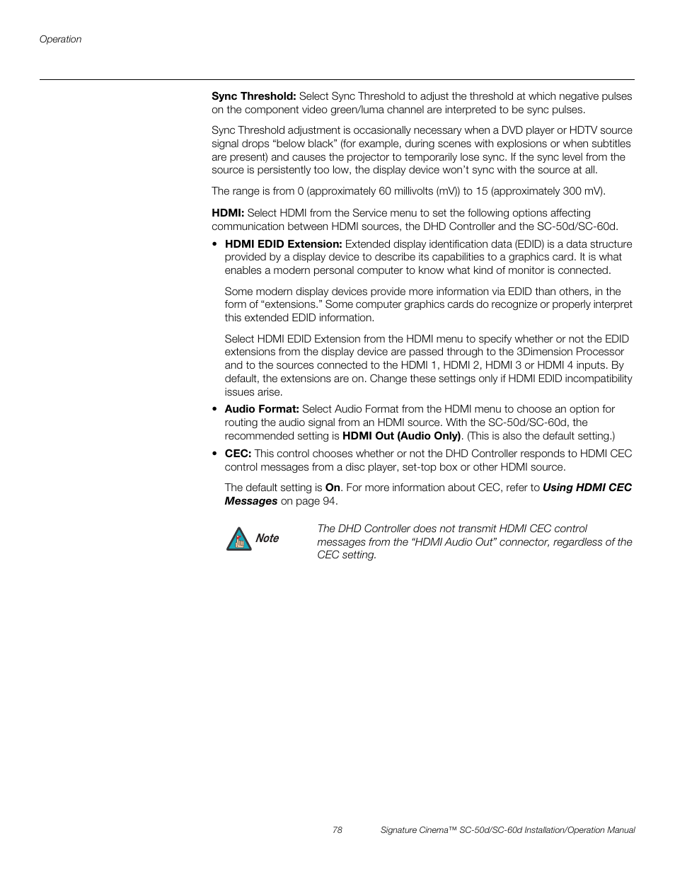 Sync threshold, Hdmi, Pre l iminar y | Runco SIGNATURE CINEMA SC-50D User Manual | Page 94 / 124