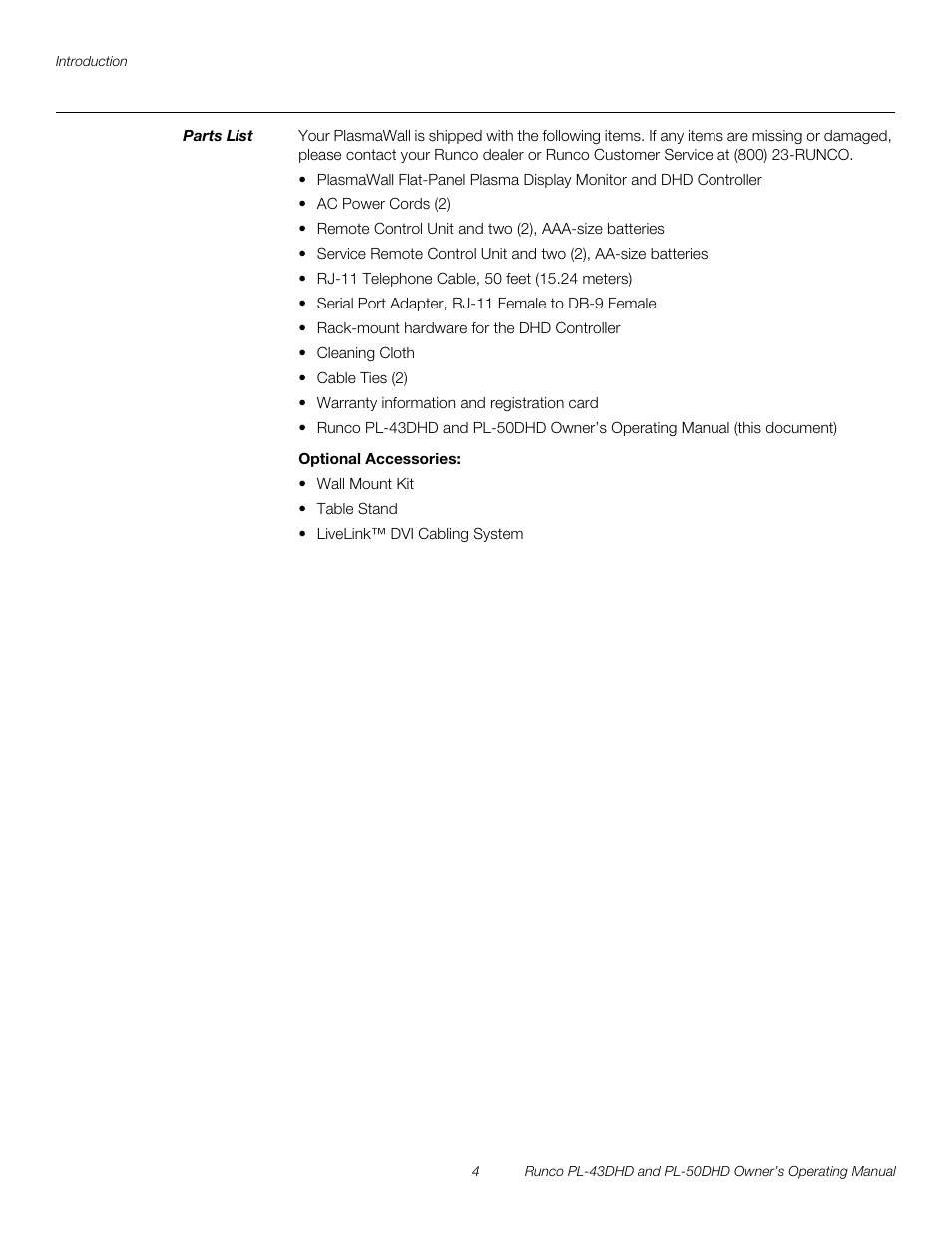 Parts list, Optional accessories, Pre l iminar y | Runco PL-50DHD User Manual | Page 14 / 76