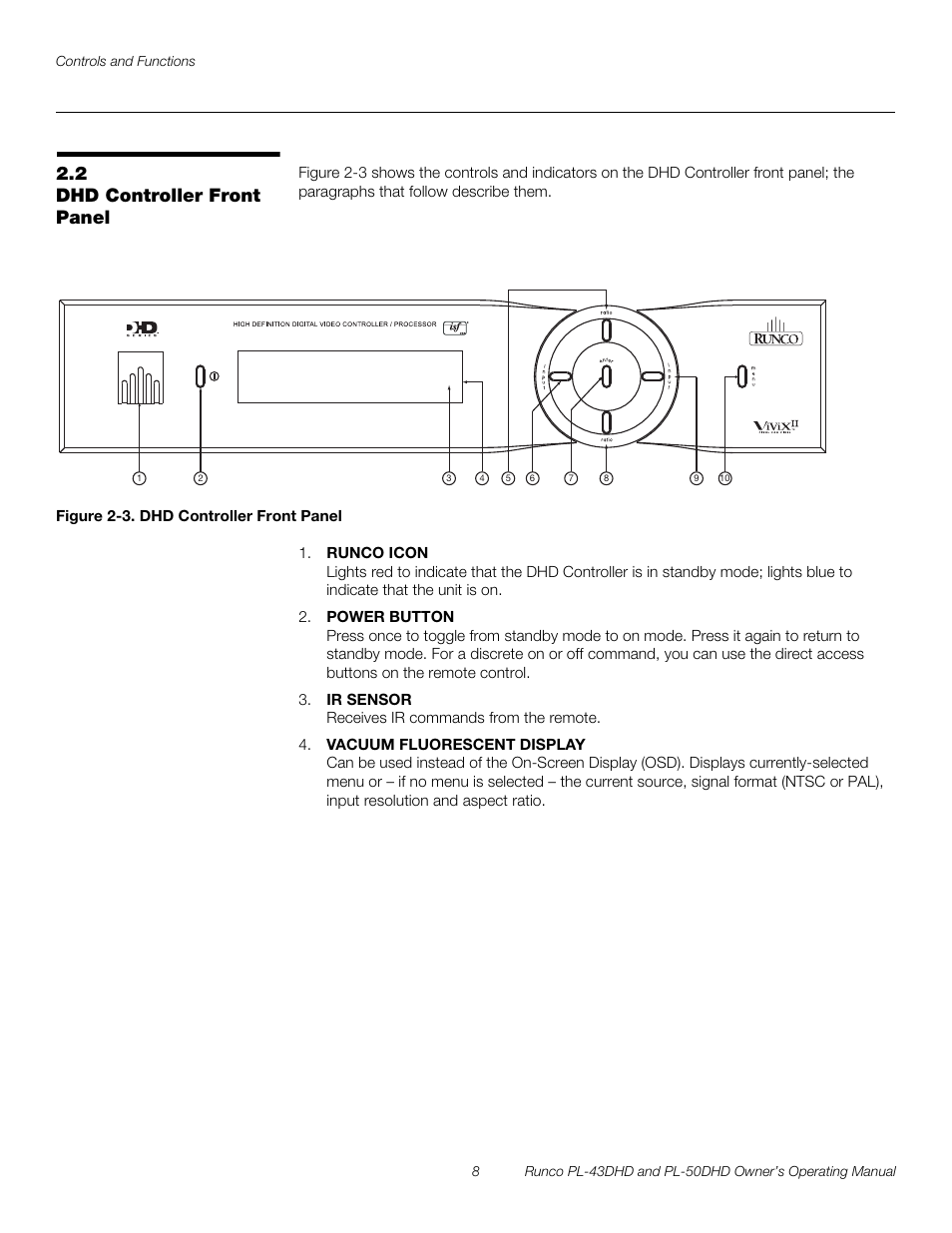 2 dhd controller front panel, Figure 2-3 . dhd controller front panel, Dhd controller front panel | 3. dhd controller front panel, Pre l iminar y | Runco PL-50DHD User Manual | Page 18 / 76