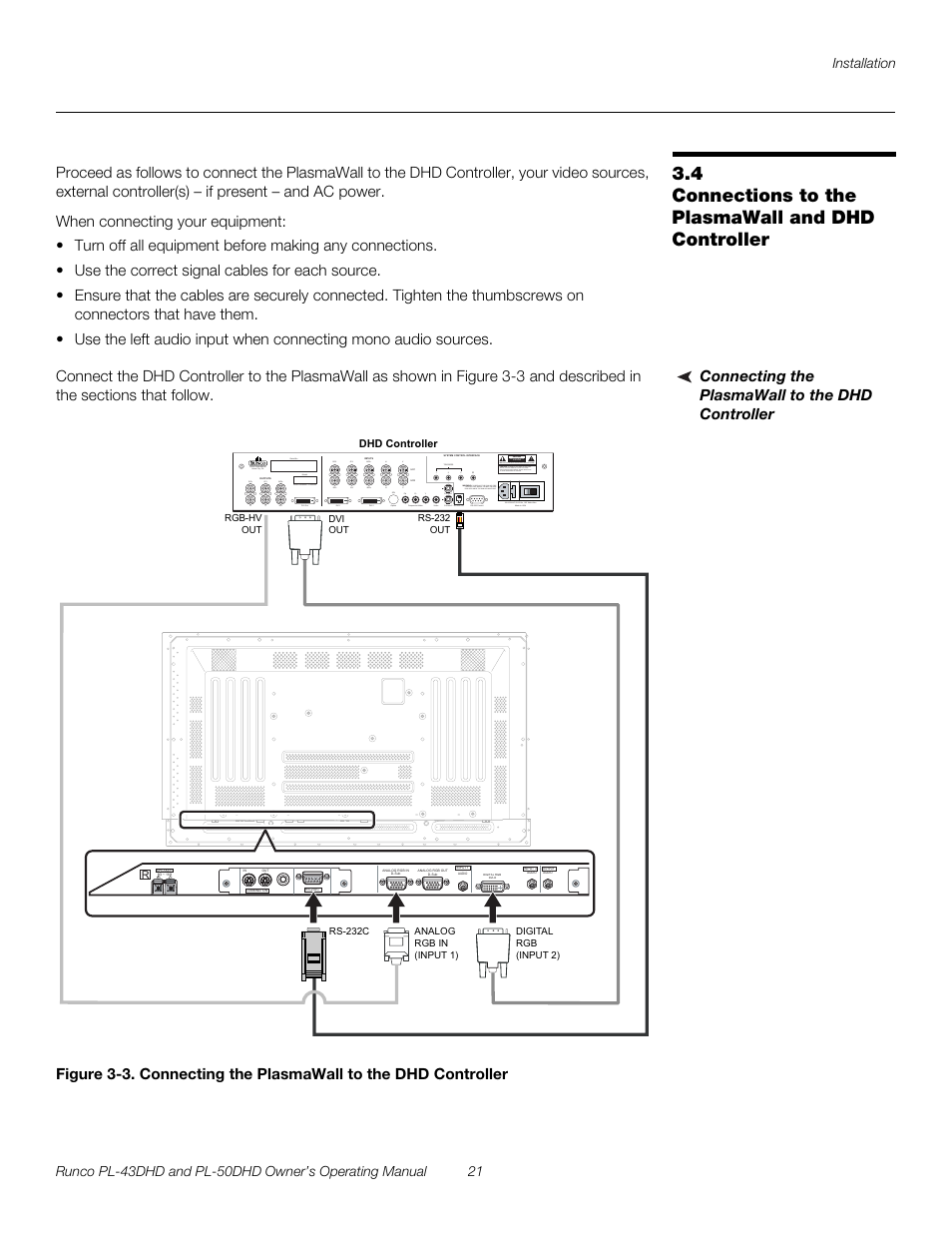 4 connections to the plasmawall and dhd controller, Connecting the plasmawall to the dhd controller, Connections to the plasmawall and dhd controller | 3. connecting the plasmawall to the dhd controller, Pre l iminar y | Runco PL-50DHD User Manual | Page 31 / 76