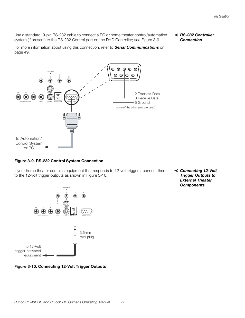 Rs-232 controller connection, Figure 3-9 . rs-232 control system connection, Figure 3-10 . connecting 12-volt trigger outputs | Iminar, 9. rs-232 control system connection, 10. connecting 12-volt trigger outputs, Pre l iminar y | Runco PL-50DHD User Manual | Page 37 / 76