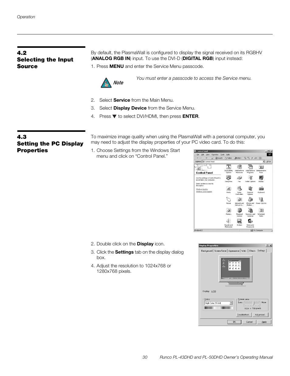 2 selecting the input source, 3 setting the pc display properties, Selecting the input source | Setting the pc display properties, Iminar, Pre l iminar y | Runco PL-50DHD User Manual | Page 40 / 76