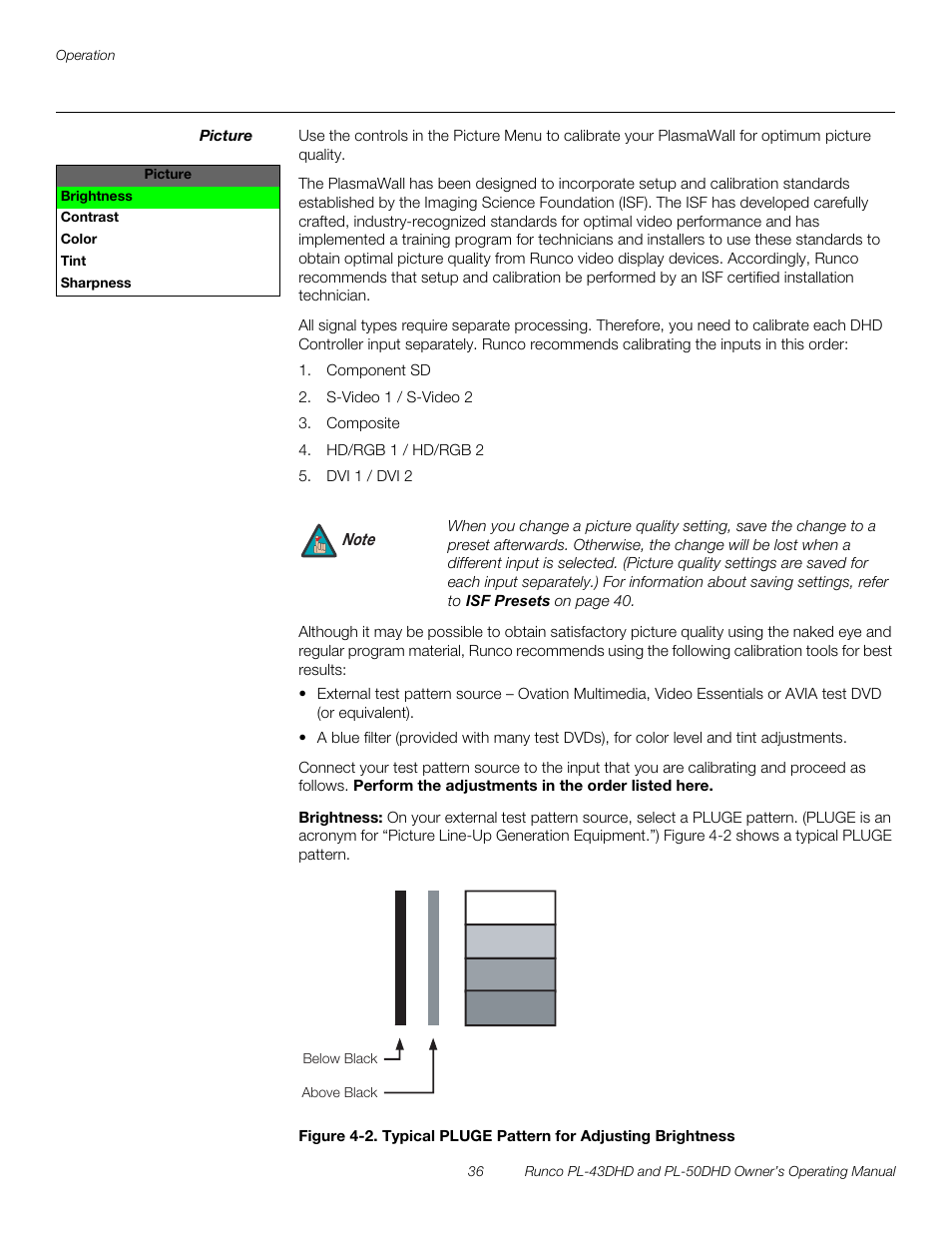 Picture, Brightness, 2. typical pluge pattern for adjusting brightness | Pre l iminar y | Runco PL-50DHD User Manual | Page 46 / 76