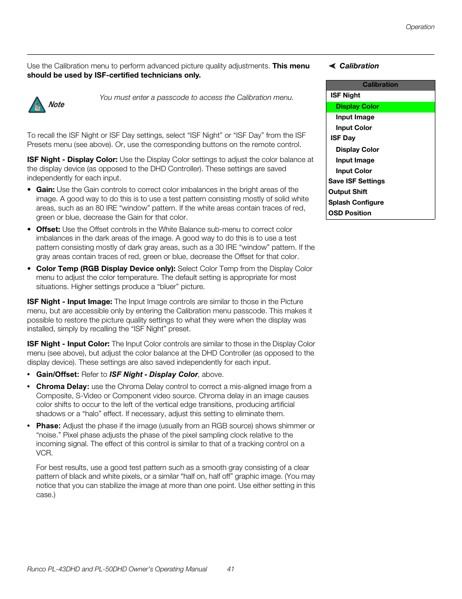 Calibration, Isf night - display color, Isf night - input image | Isf night - input color, Pre l iminar y | Runco PL-50DHD User Manual | Page 51 / 76