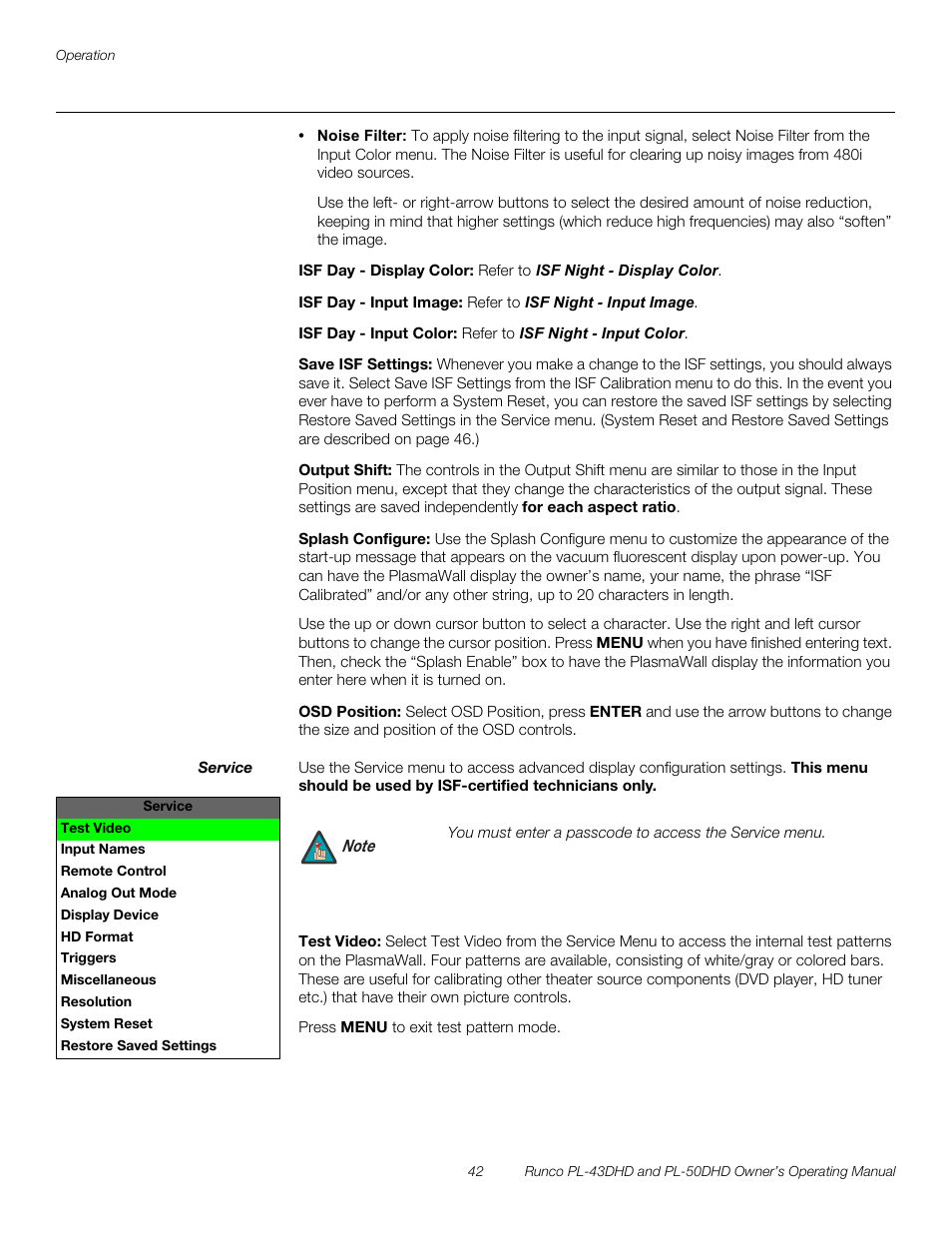 Isf day - display color, Isf day - input image, Isf day - input color | Save isf settings, Output shift, Splash configure, Osd position, Service, Test video, H 42 | Runco PL-50DHD User Manual | Page 52 / 76