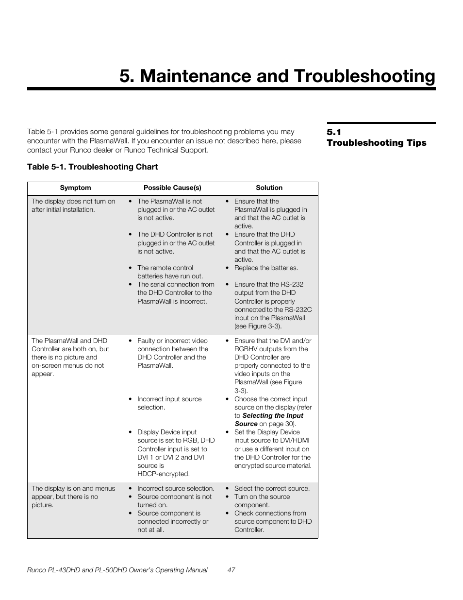Maintenance and troubleshooting, 1 troubleshooting tips, Table 5-1 . troubleshooting chart | Troubleshooting tips, Pre l iminar y | Runco PL-50DHD User Manual | Page 57 / 76