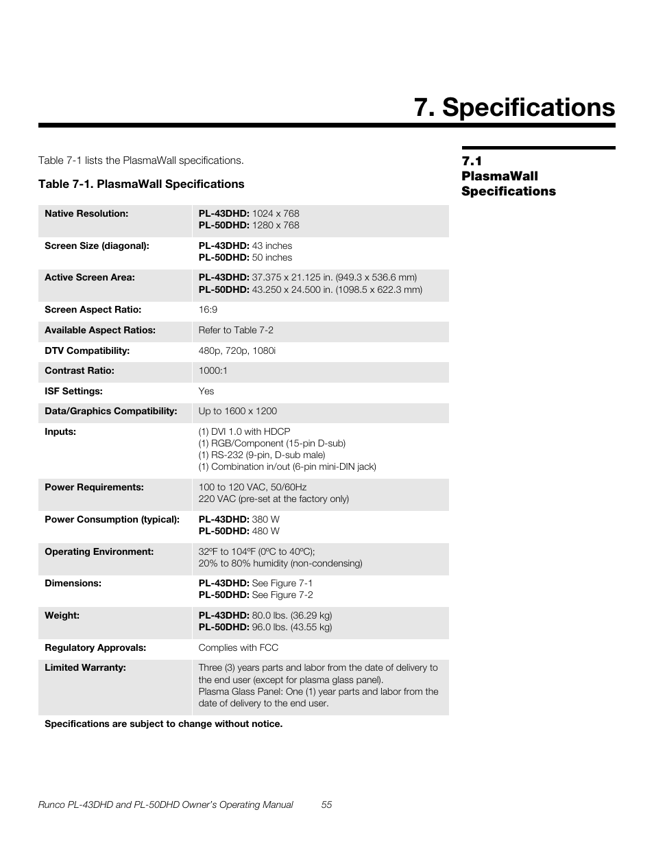 Specifications, 1 plasmawall specifications, Table 7-1 . plasmawall specifications | Plasmawall specifications, Pre l iminar y | Runco PL-50DHD User Manual | Page 65 / 76