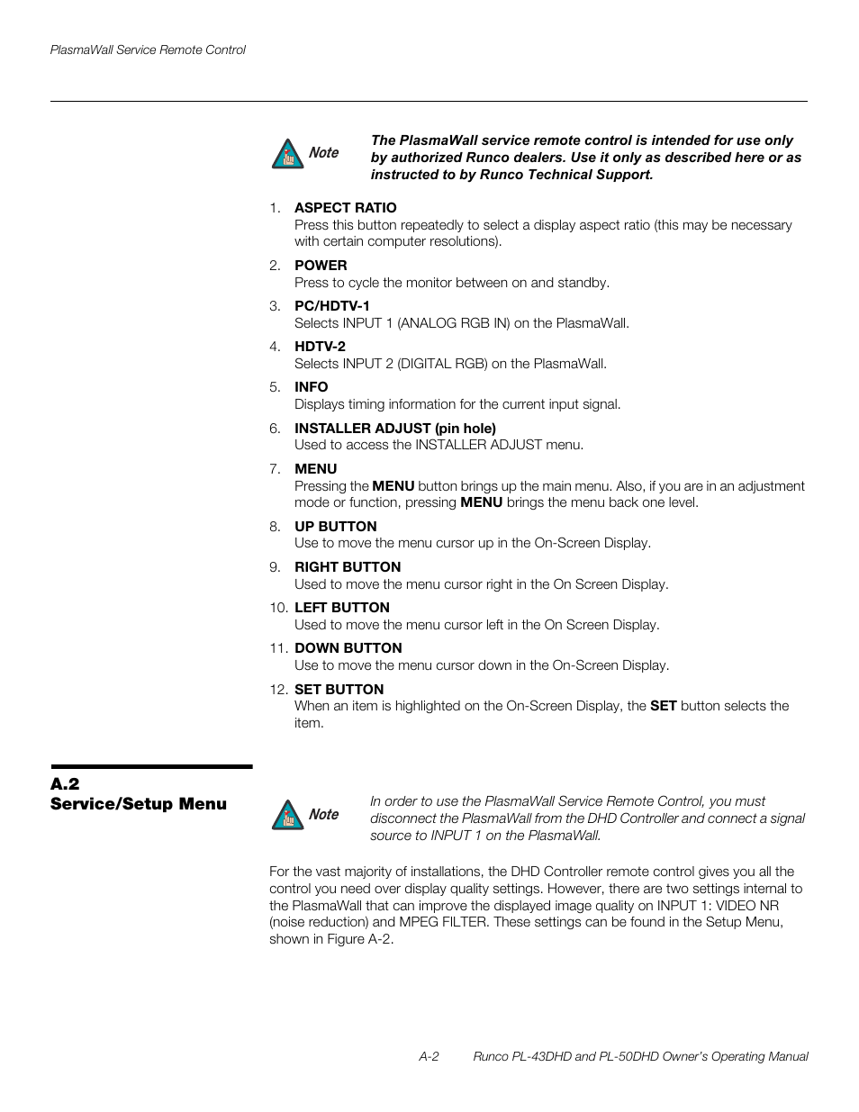 A.2 service/setup menu | Runco PL-50DHD User Manual | Page 72 / 76