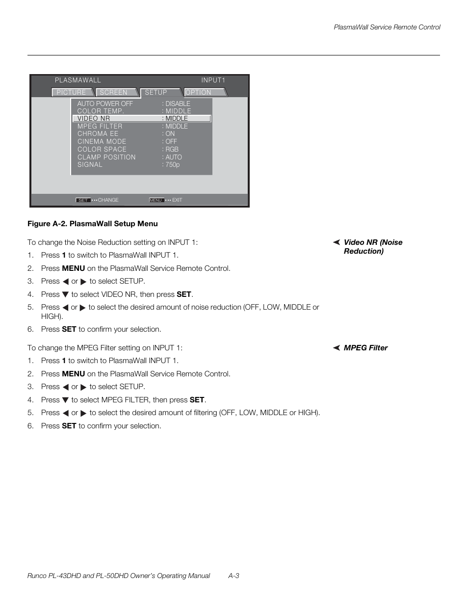 Figure a-2 . plasmawall setup menu, Video nr (noise reduction), Mpeg filter | Runco PL-50DHD User Manual | Page 73 / 76