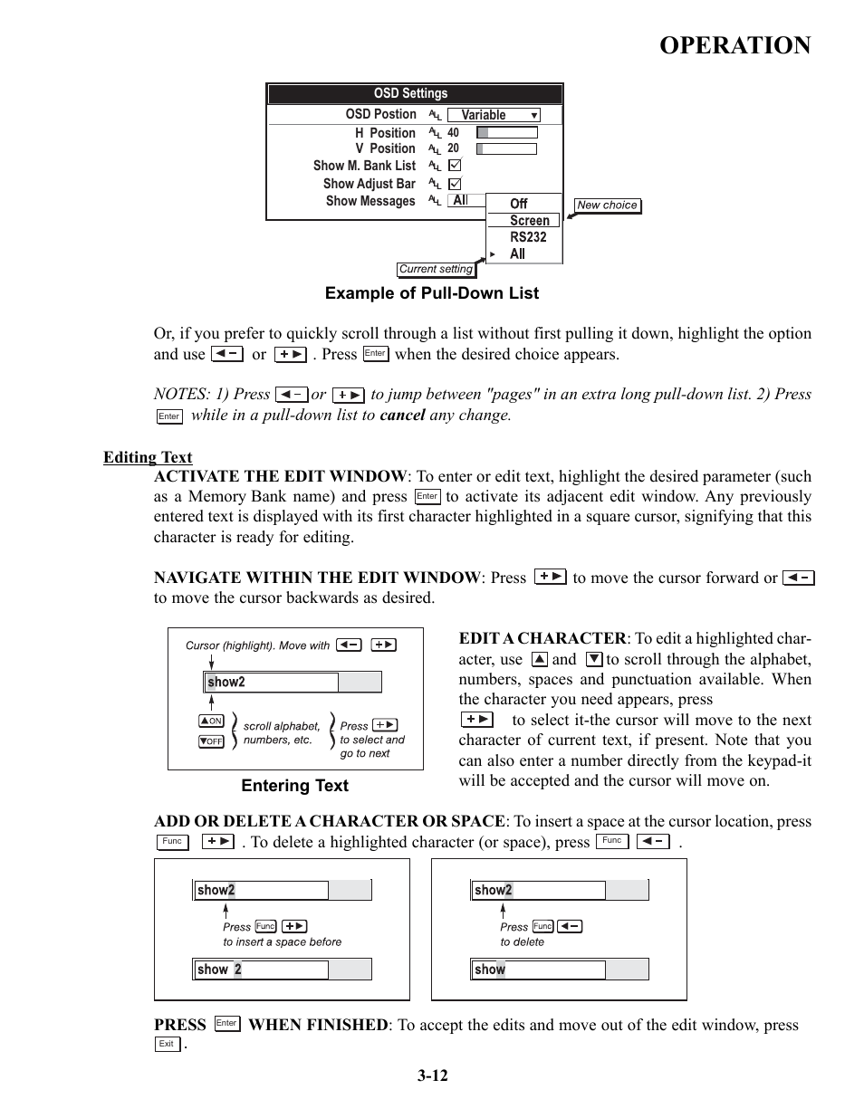 Operation, Entering text | Runco VX-4c User Manual | Page 38 / 110