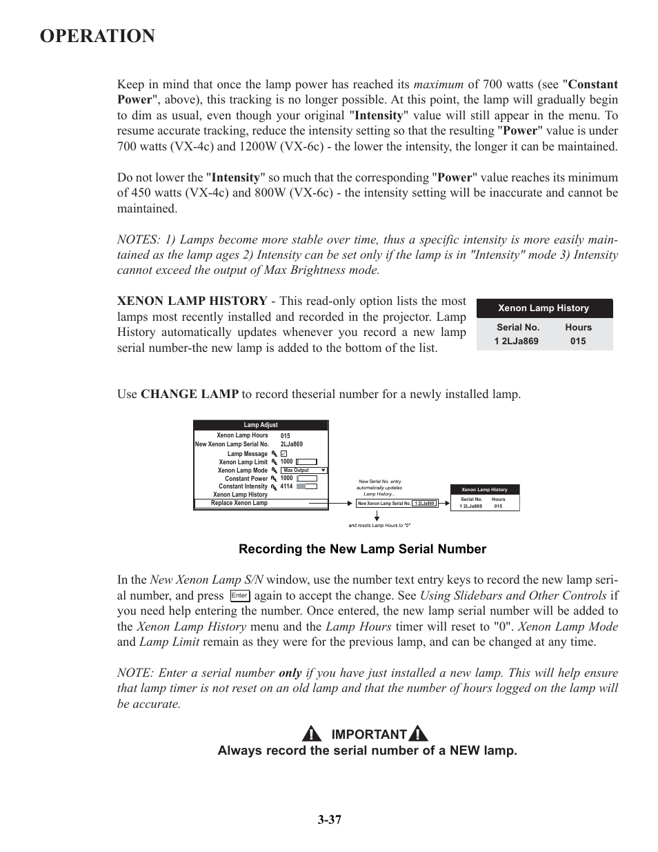 Operation, Recording the new lamp serial number | Runco VX-4c User Manual | Page 63 / 110