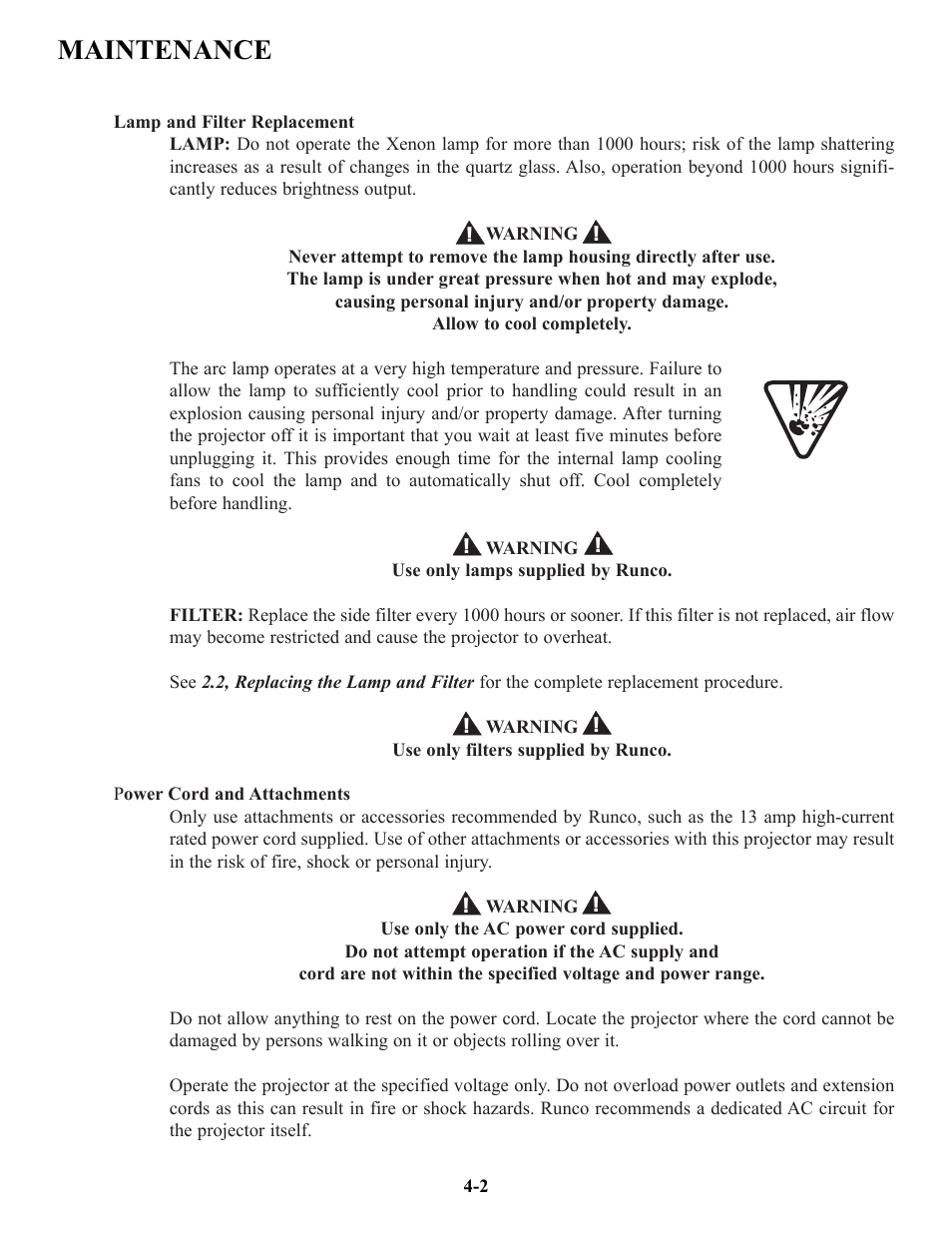 Maintenance | Runco VX-4c User Manual | Page 69 / 110