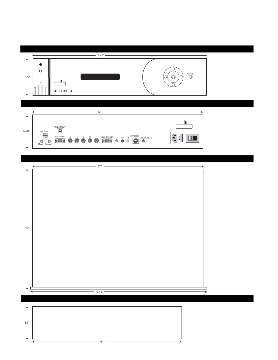 Dimensions, Front panel side rear panel top | Runco VX-4c User Manual | Page 95 / 110