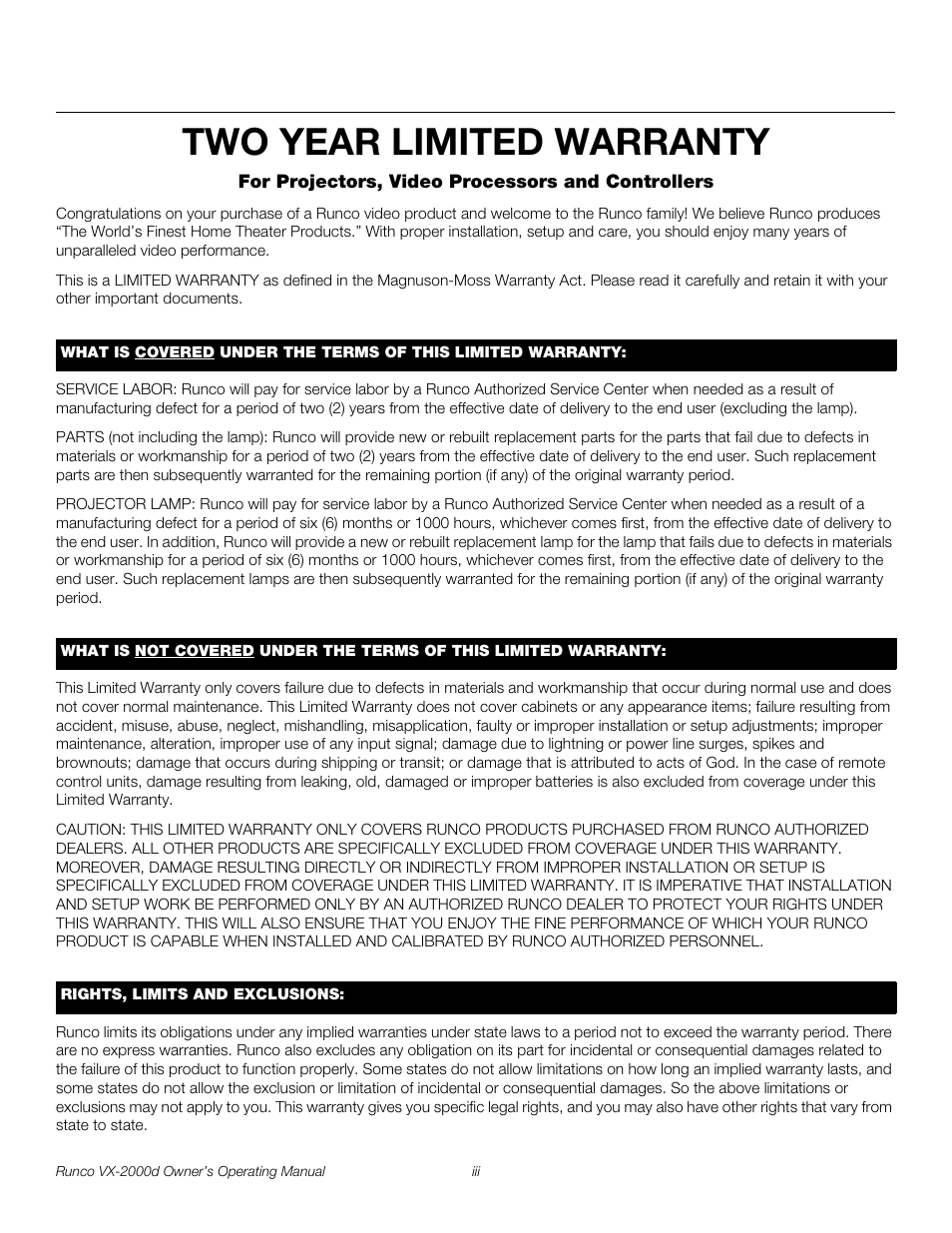 Two year limited warranty, Pre l iminar y | Runco VX-2000d User Manual | Page 3 / 88