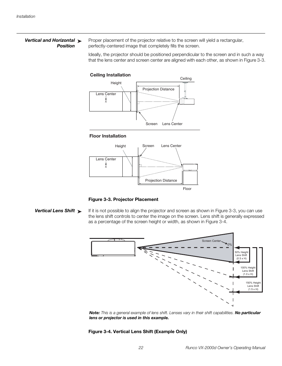 Vertical and horizontal position, Figure 3-3 . projector placement, Vertical lens shift | Figure 3-4 . vertical lens shift (example only), 3. projector placement, 4. vertical lens shift (example only), Pre l iminar y | Runco VX-2000d User Manual | Page 34 / 88