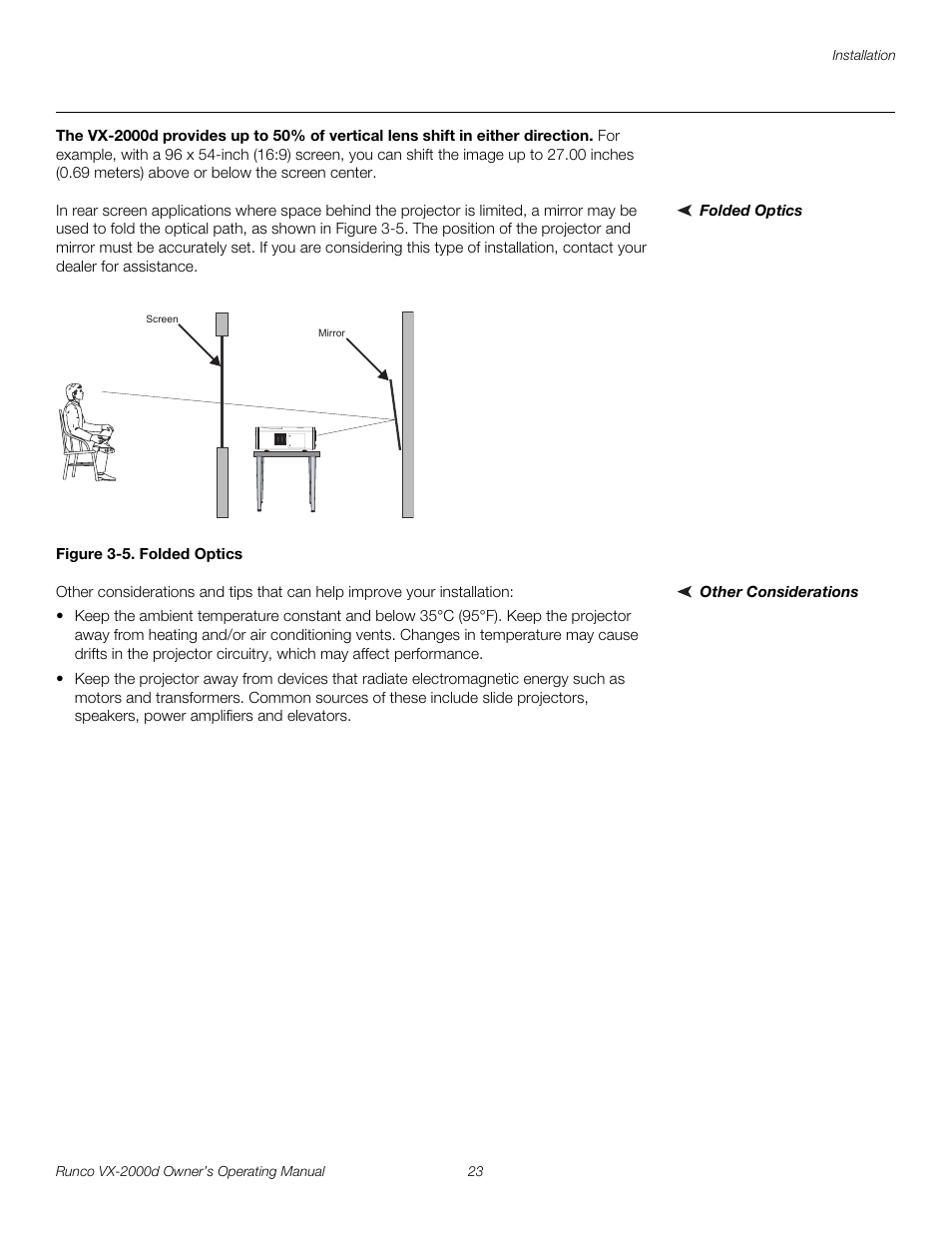 Folded optics, Figure 3-5 . folded optics, Other considerations | 5. folded optics, Pre l iminar y | Runco VX-2000d User Manual | Page 35 / 88