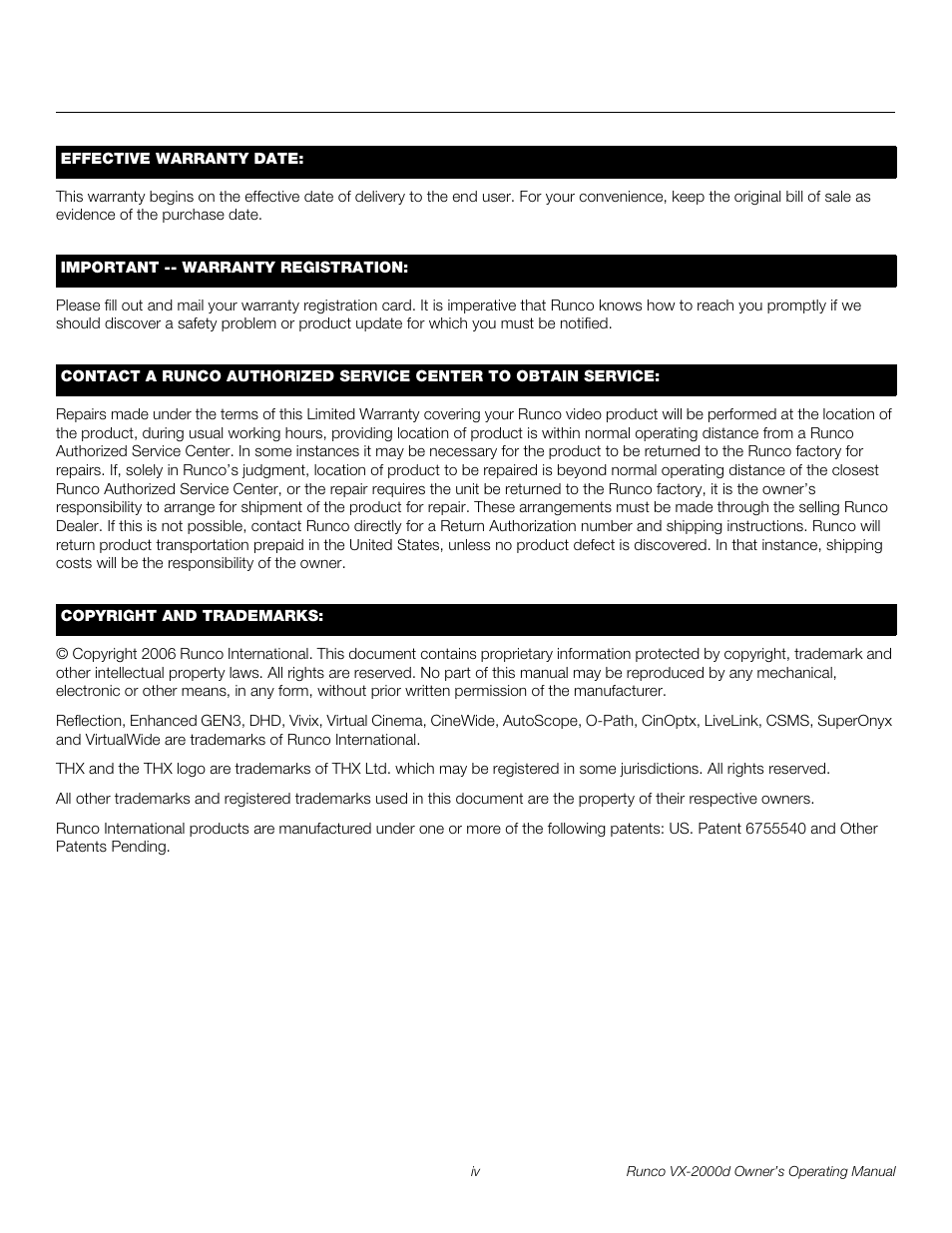 Pre l iminar y | Runco VX-2000d User Manual | Page 4 / 88