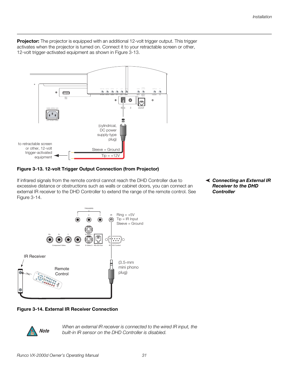 Projector, Figure 3-14 . external ir receiver connection, 14. external ir receiver connection | Pre l iminar y | Runco VX-2000d User Manual | Page 43 / 88