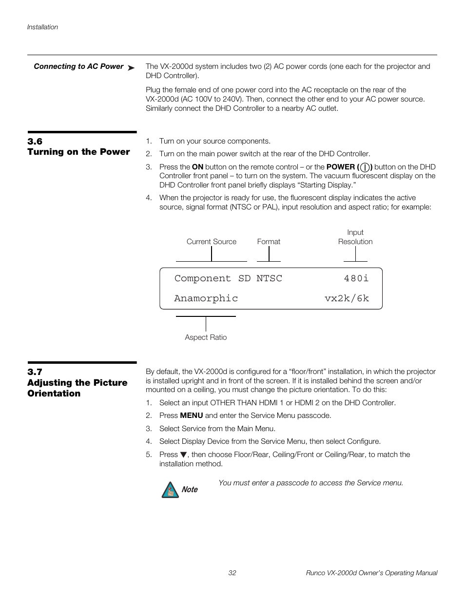 Connecting to ac power, 6 turning on the power, 7 adjusting the picture orientation | Turning on the power, Adjusting the picture orientation, Iminar, Pre l iminar y | Runco VX-2000d User Manual | Page 44 / 88