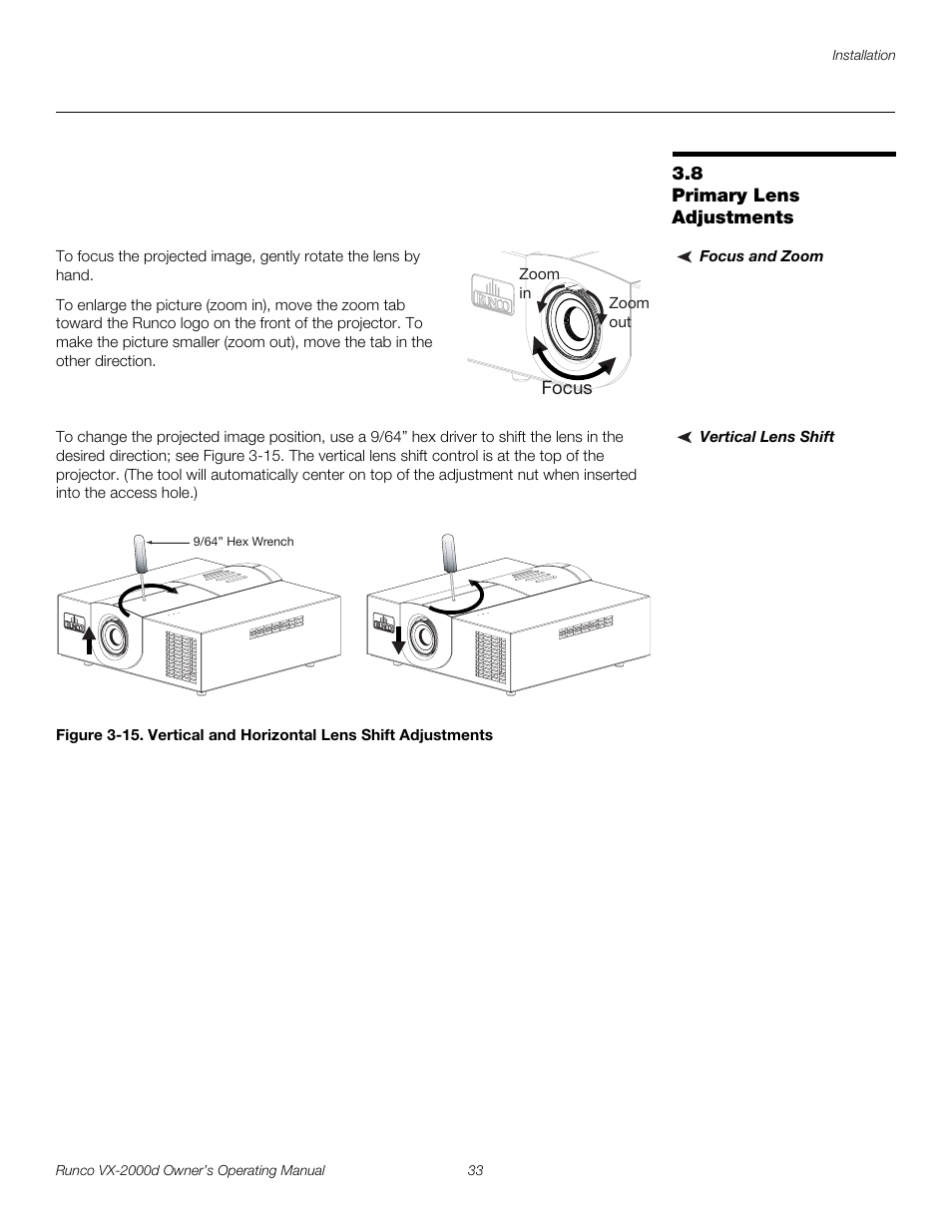 8 primary lens adjustments, Focus and zoom, Vertical lens shift | Primary lens adjustments, 15. vertical and horizontal lens shift adjustments, Pre l iminar y | Runco VX-2000d User Manual | Page 45 / 88