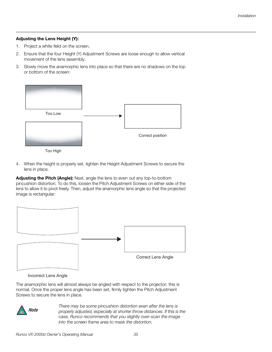 Adjusting the lens height (y), Adjusting the pitch (angle), Pre l iminar y | Runco VX-2000d User Manual | Page 47 / 88