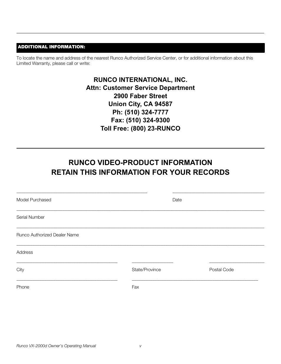 Pre l iminar y | Runco VX-2000d User Manual | Page 5 / 88