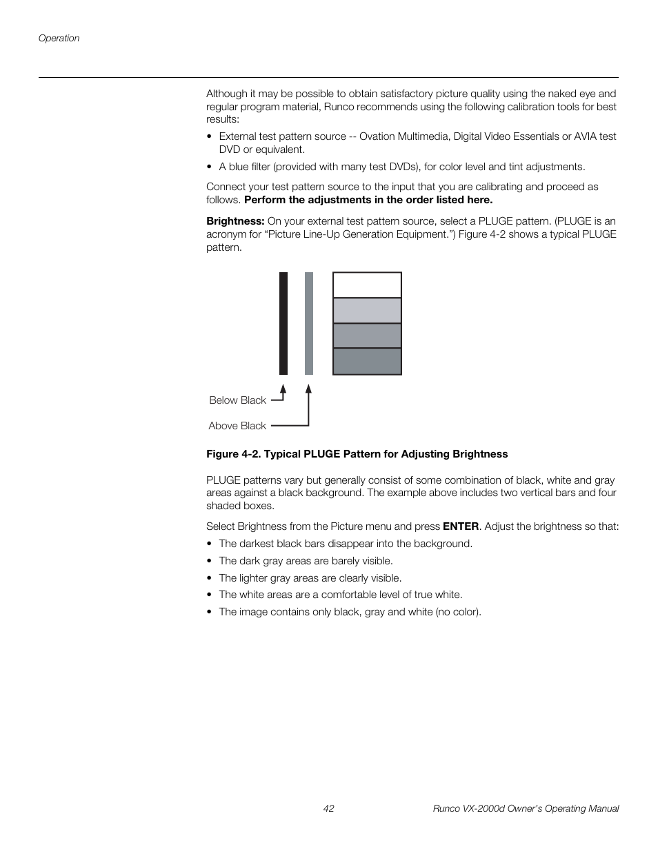 Brightness, 2. typical pluge pattern for adjusting brightness, Pre l iminar y | Runco VX-2000d User Manual | Page 54 / 88