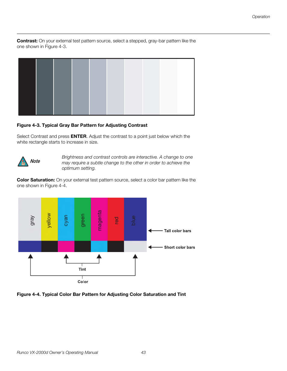 Contrast, Color saturation, 3. typical gray bar pattern for adjusting contrast | Pre l iminar y | Runco VX-2000d User Manual | Page 55 / 88