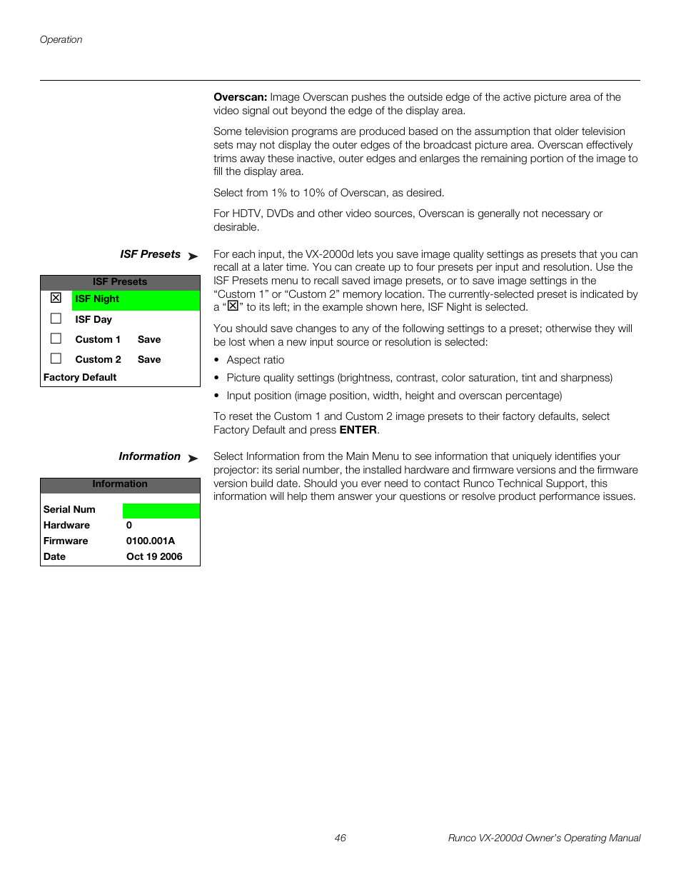 Overscan, Isf presets, Information | Pre l iminar y | Runco VX-2000d User Manual | Page 58 / 88