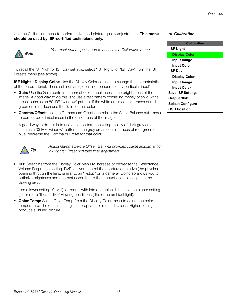 Calibration, Isf night - display color, Pre l iminar y | Runco VX-2000d User Manual | Page 59 / 88