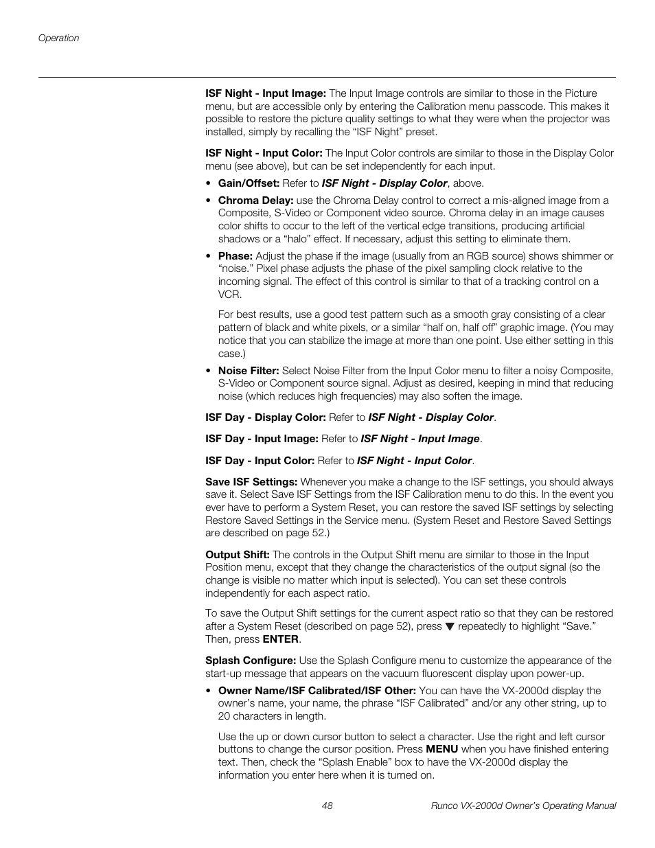 Isf night - input image, Isf night - input color, Isf day - display color | Isf day - input image, Isf day - input color, Save isf settings, Output shift, Splash configure, Pre l iminar y | Runco VX-2000d User Manual | Page 60 / 88