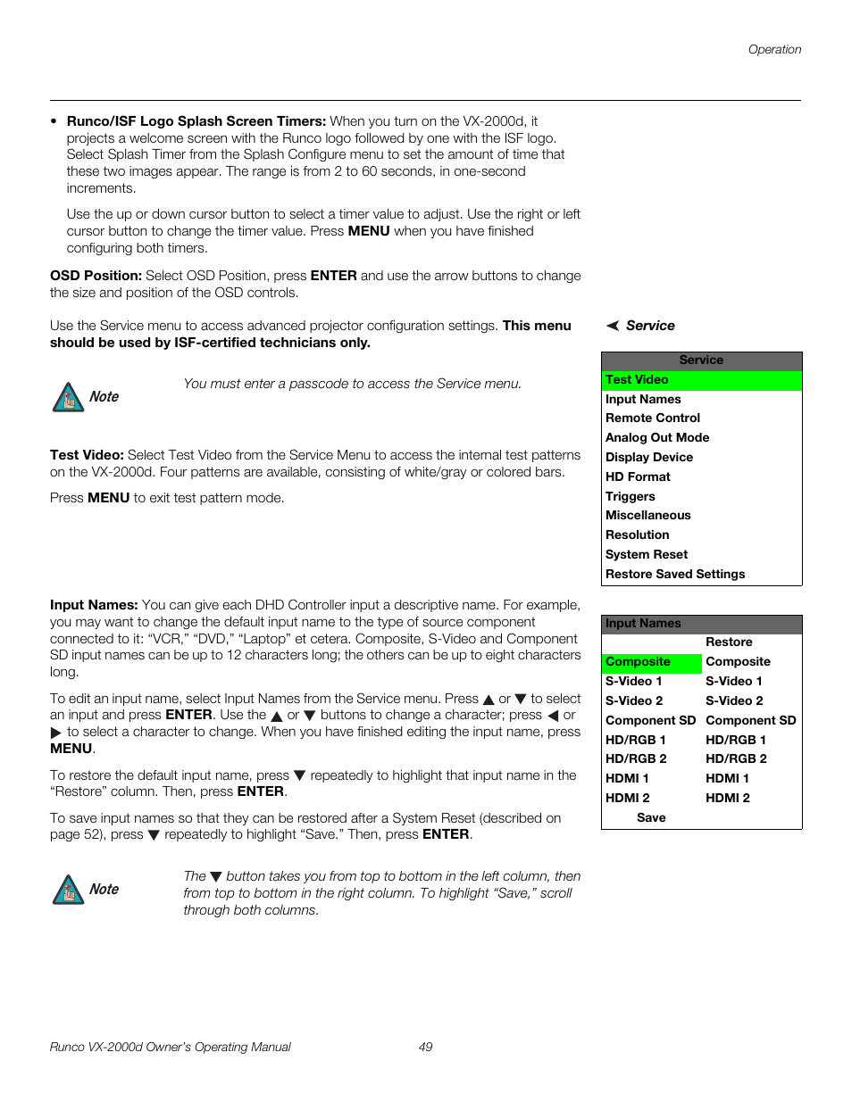 Osd position, Service, Test video | Input names, Pre l iminar y | Runco VX-2000d User Manual | Page 61 / 88