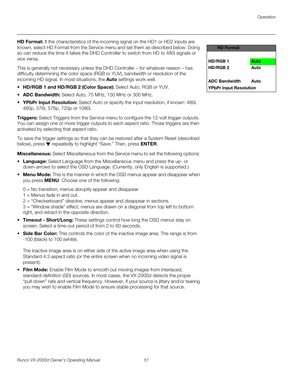 Hd format, Triggers, Miscellaneous | Pre l iminar y | Runco VX-2000d User Manual | Page 63 / 88