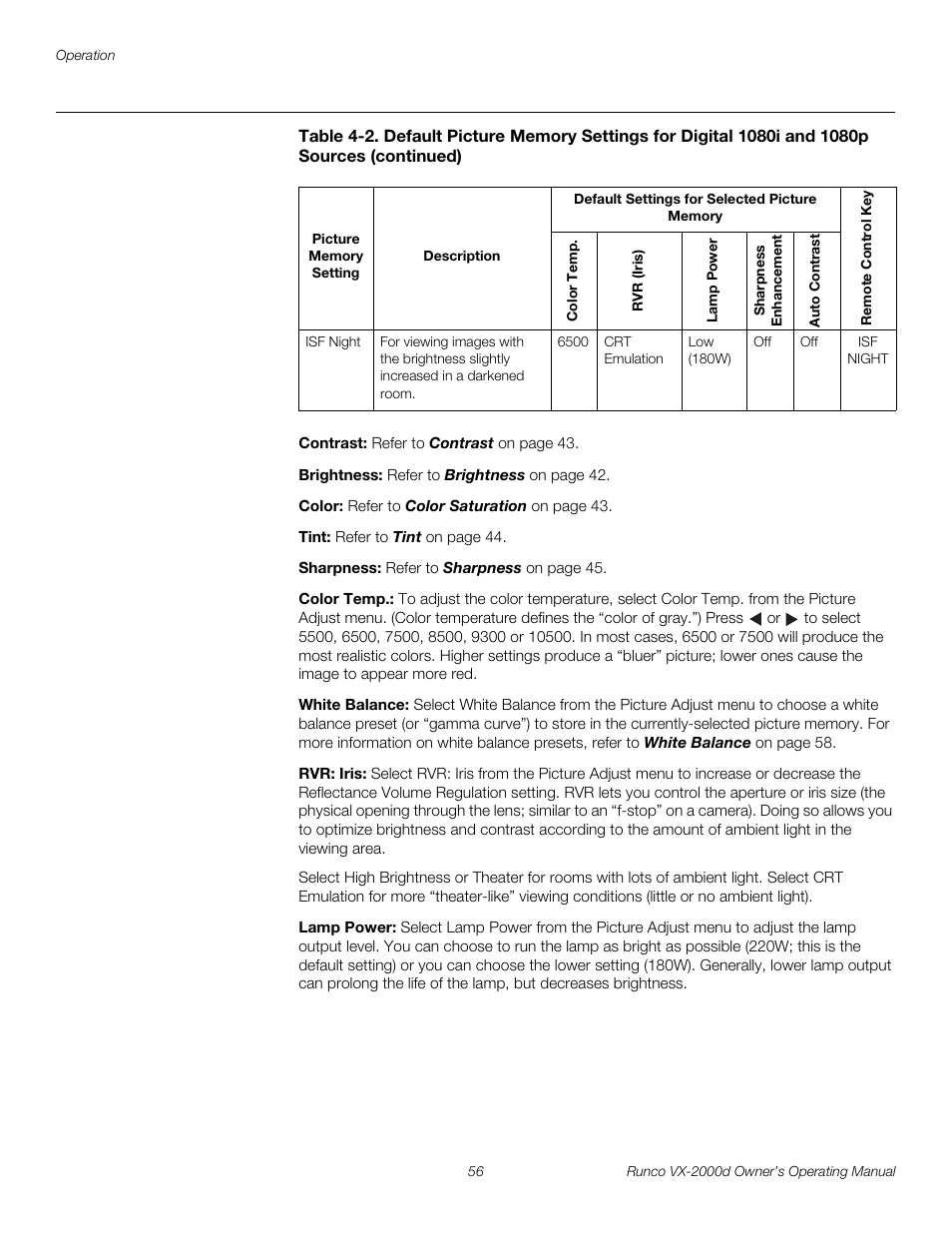 Contrast, Brightness, Color | Tint, Sharpness, Color temp, White balance, Rvr: iris, Lamp power, Pre l iminar y | Runco VX-2000d User Manual | Page 68 / 88