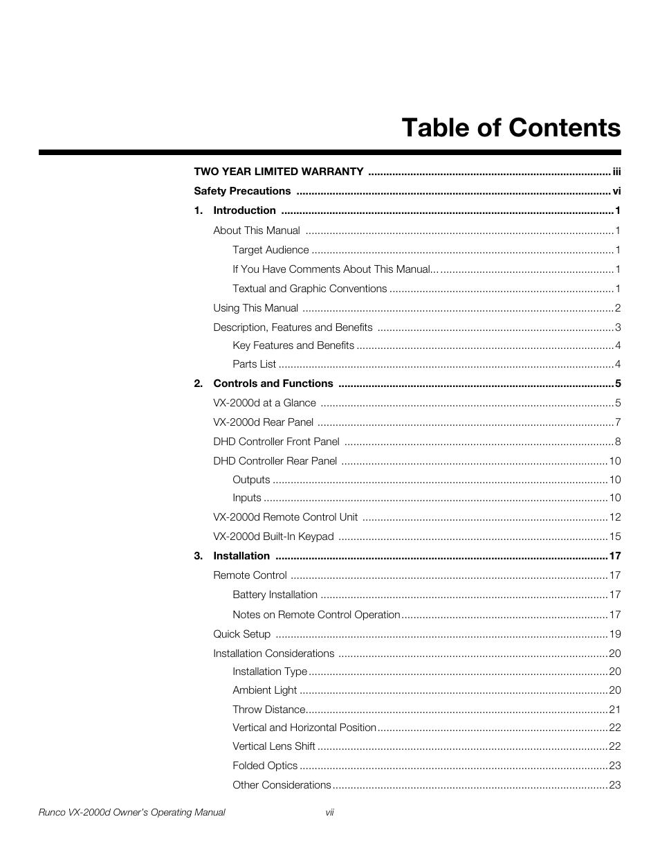 Runco VX-2000d User Manual | Page 7 / 88