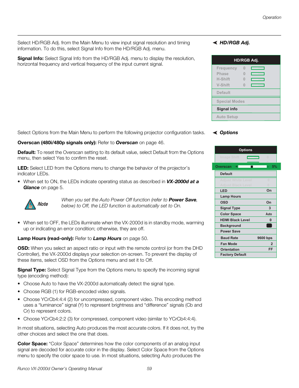 Hd/rgb adj, Signal info, Options | Overscan (480i/480p signals only), Default, Lamp hours (read-only), Signal type, Color space, Pre l iminar y | Runco VX-2000d User Manual | Page 71 / 88