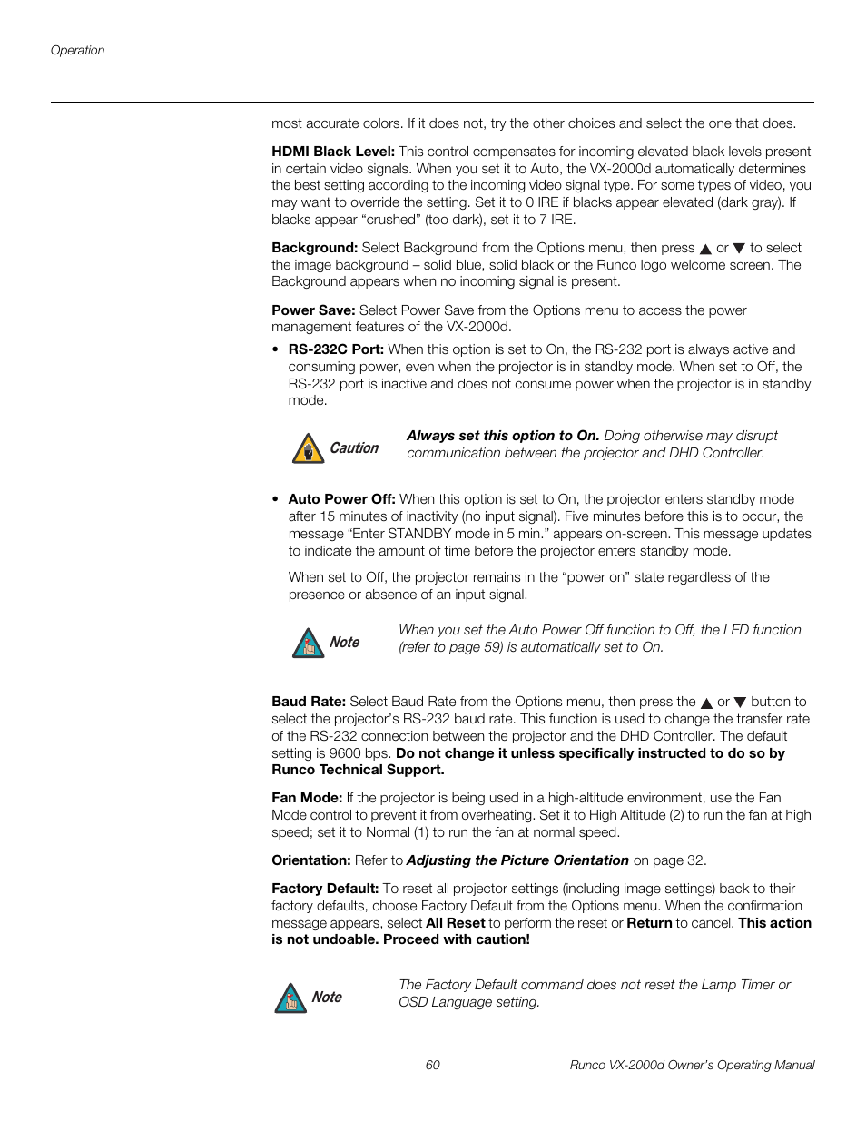 Hdmi black level, Background, Power save | Baud rate, Fan mode, Orientation, Factory default, H 60, Pre l iminar y | Runco VX-2000d User Manual | Page 72 / 88